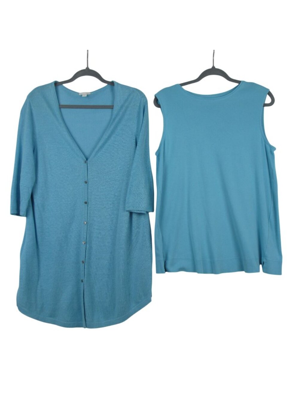 J. Jill Blue Cardigan Tank Set M Lightweight Linen Knit 3/4 Sleeve Button Front